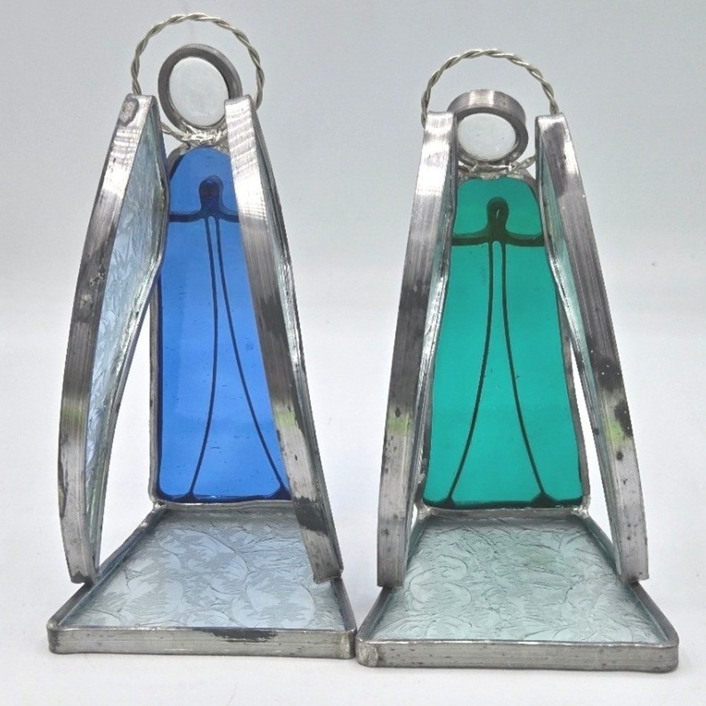 Vintage Handcrafted Stained Glass Angel Candle Holder Set - Blue & Green
